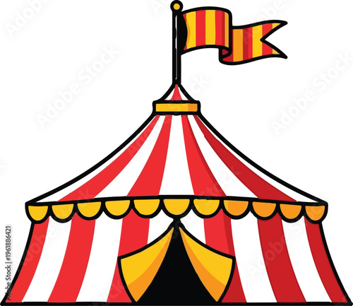 A colorful red and white striped circus tent featuring a decorative yellow flag at the very peak