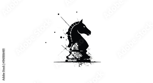 Dramatic silhouette of a chess knight piece with abstract artistic splashes on white background.