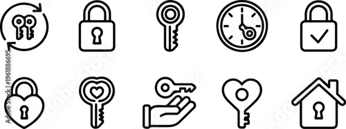 Collection of key and lock icons for safety, authentication, and access control clean line art vector illustration set