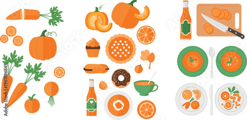Orange food and ingredients collection with pumpkin, carrot, citrus and dishes, healthy cooking set for menu design, nutrition illustration and colorful vector elements
