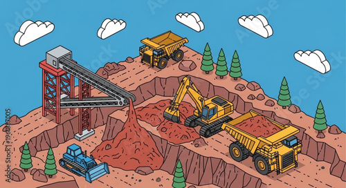 Isometric Quarry Scene with Heavy Machinery and Conveyor Belt.