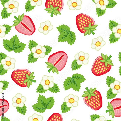 Strawberry leaves and flowers seamless vector pattern. Cute fruity summer cartoon pattern. Endless print for fabric and wallpaper with cut berries. Background for packaging and design.