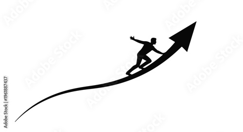 Silhouette of a person surfing an upward trending arrow, symbolizing progress and success.
