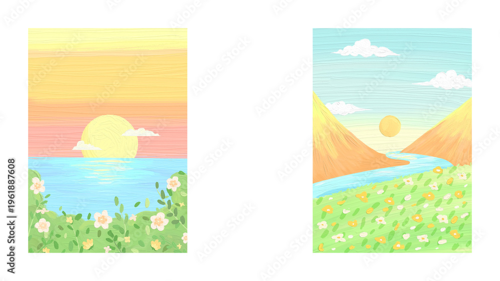 Fototapeta premium Vibrant illustrations of serene landscapes with sunsets and floral meadows against a clean white background