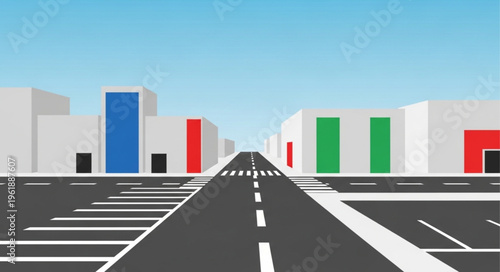 Cityscape with Road and Buildings in Vector Style.
