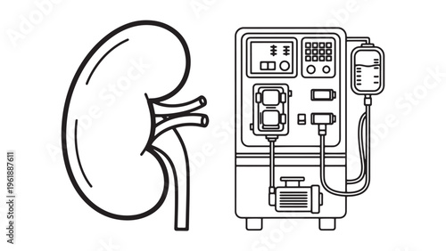 Kidney and Dialysis Machine Illustration Representing Renal Failure Treatment and Hospital Medical Equipment