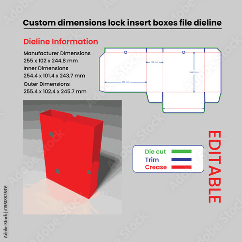 Custom box dieline with dimensions and 3D representation packaging template
