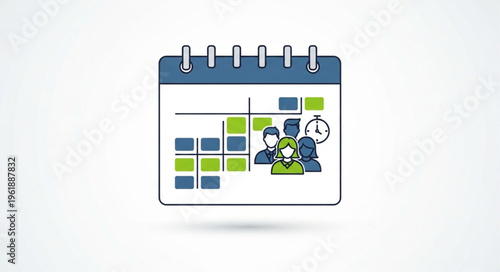 Calendar with team members and clock icon representing scheduling and time management.