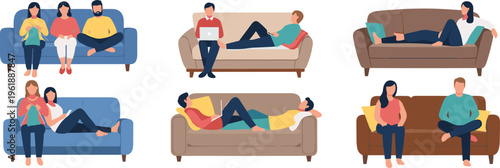 People relaxing on sofa set with couples and individuals using laptop and resting, lifestyle home scenes collection for cozy living room illustration and vector design