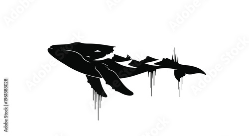 Majestic whale silhouette emerging from icy waters with dramatic icicles