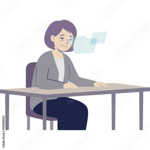 Woman sits at desk looking worried with papers