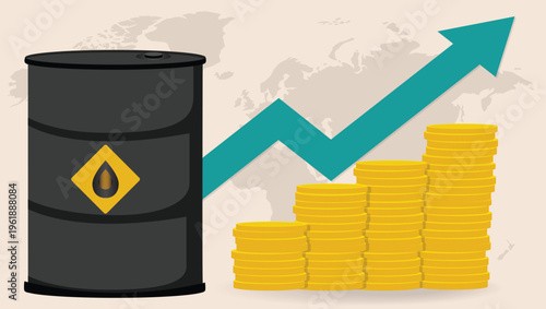 Rising oil prices concept with barrel, upward arrow and growing coin stacks global energy inflation illustration	