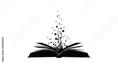 An open book releases a stream of abstract shapes and symbols into the air, symbolizing imagination and knowledge.