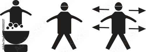 Black and white safety icons showing three steps for chemical decontamination including emergency eye wash station body shower and spreading arms for drying