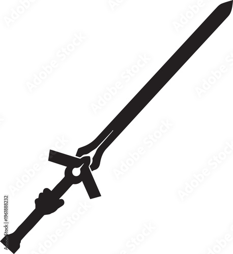 Knight sword silhouette vector illustration with ornate crossguard for medieval line art