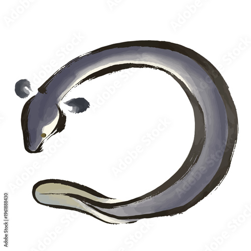 水彩風、筆タッチの丸ポーズのうなぎのイラスト