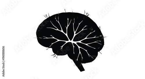 Abstract illustration of a dark brain silhouette with glowing white neural pathways and small prickly elements.