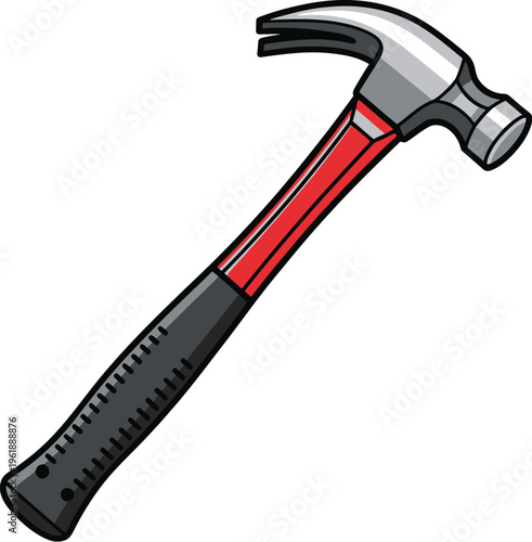 Claw hammer with striking head and red and black ergonomic handle.