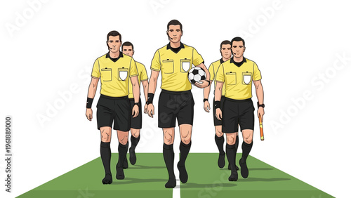 Illustration of soccer referees walking on a green field with a soccer ball, wearing yellow shirts and black shorts, against a white background, conveying a sense of sports and teamwork.