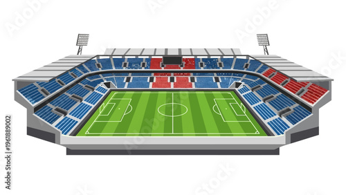 Illustration of a soccer stadium with blue and red seating, a green soccer field, and white lines, set against a clean white background, representing a day event between countries for the