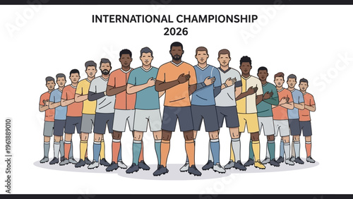Illustration of diverse soccer players standing together in a stadium for the International Championship 2026 with a vibrant and dynamic design.