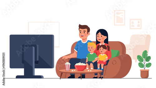 A family of four enjoys a soccer game on TV in a cozy living room with a bowl of popcorn on a coffee table, surrounded by a plant and framed pictures on the wall.