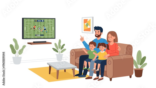 A family of four sitting on a couch watching a soccer game on a TV screen with a green field in a cozy living room with plants and a yellow rug.