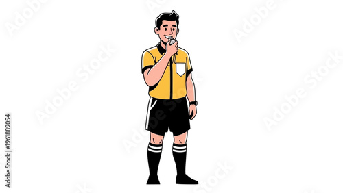 Illustration of a soccer referee in a yellow jersey with a whistle in his mouth standing against a clean white background.