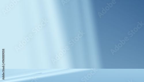 Blue Background wall studio with shadow on 3d podium for product stand mockup,Empty kitchen room with white light on color blue floor,Interior scence soft gradient texture for summer backdrop