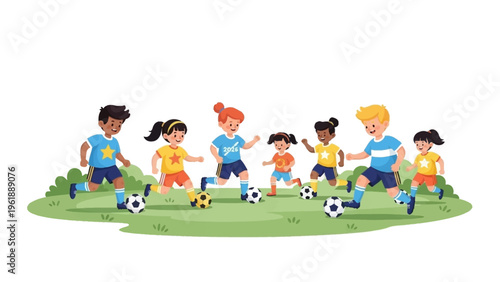 Illustration of diverse children playing soccer on a green field with colorful uniforms and balls, conveying a joyful and lively atmosphere.