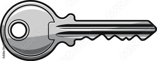 Simple silver house key with rounded head is shown isolated on white.