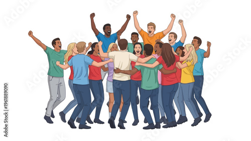 Illustration of a diverse group of people celebrating together in a colorful and lively scene with raised arms, conveying a joyful and energetic mood against a clean white background.