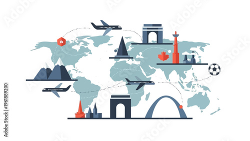 Illustration of a world map with iconic landmarks and soccer elements on a clean background, symbolizing global connections between countries for a major international soccer event.