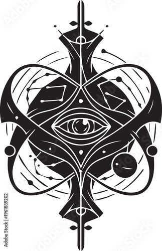 Mystic eye emblem vector illustration with geometric shapes and planetary orbit line art