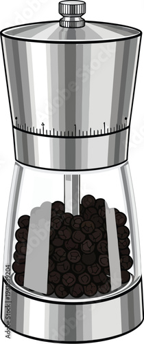 Stainless steel pepper mill grinder holds whole peppercorns clearly.