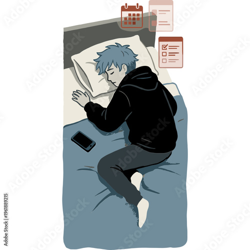 A young man sleeps peacefully on a bed with phone and calendar nearby.