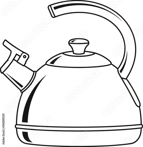 Stovetop whistling kettle with curved handle is drawn in black outline.