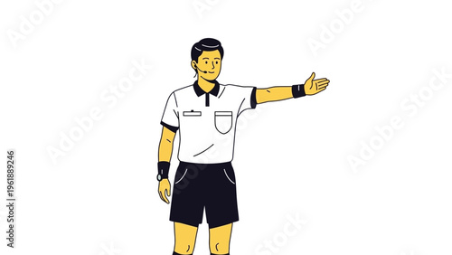 Illustration of a soccer referee in a white shirt and black shorts gesturing on a plain background, conveying a sense of authority and sportsmanship.