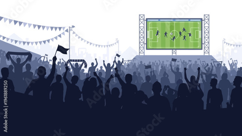 Illustration of a lively soccer stadium scene with a crowd of people cheering on a soccer game between countries on a bright event day with a large screen and festive background.