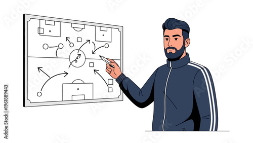 Illustration of a soccer coach in a blue tracksuit presenting a tactical plan on a whiteboard with a soccer strategy diagram, conveying a focused and professional mood.