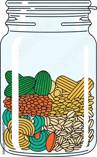 Glass mason jar layered with dry pasta and legumes for food storage needs.