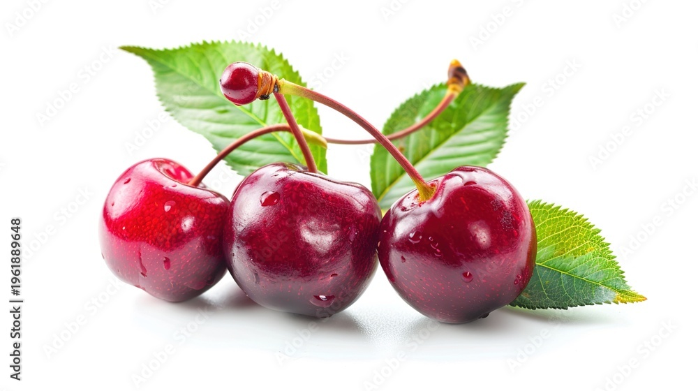 Obraz premium A single ripe cherry with a fresh green leaf, fully isolated on a plain white background, showing vivid red color, smooth skin and delicate natural details. The minimalist composition with clear focus
