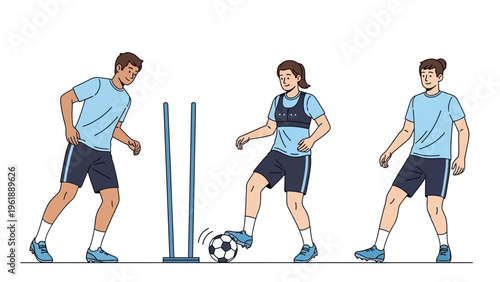 Illustration of three soccer players in action with a ball and goalposts on a white background, depicting a soccer game between countries in a vector design.