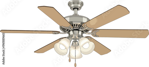 Ceiling fan features five wooden blades and three glass light fixtures.