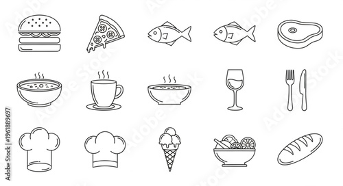 Assorted Food and Culinary Icons in Sketch Style.