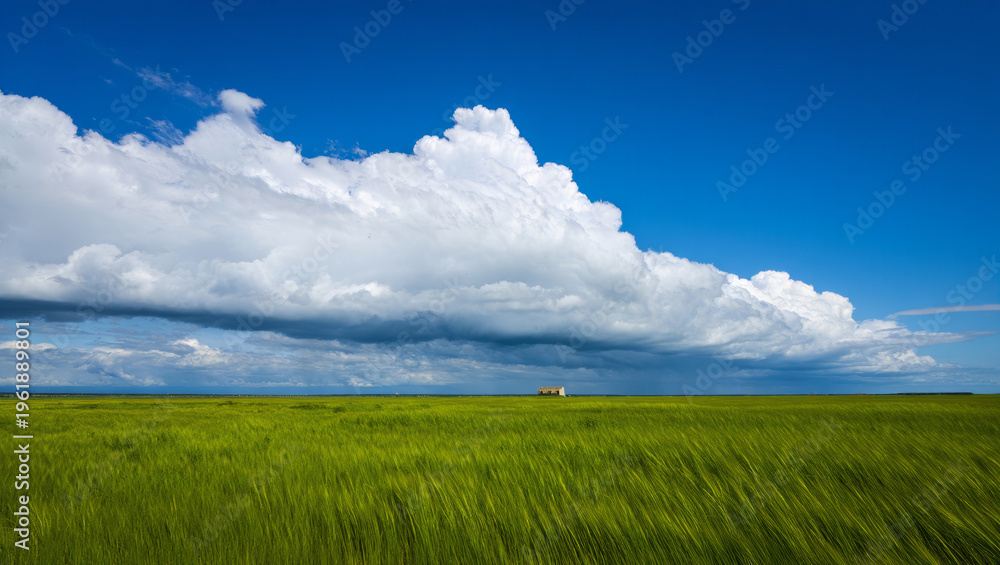Obraz premium Dramatic Storm Clouds Over Vast Vibrant Green Field with Small Barn in Distance