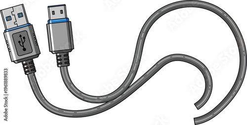 USB data transfer cable with two connectors is displayed on white.