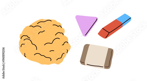 Erasers set. Different types, kneaded, for pencil, double red and blue, hard and soft rubber blocks. Erasing cleaning tools, accessories. Flat vector illustration isolated on white background