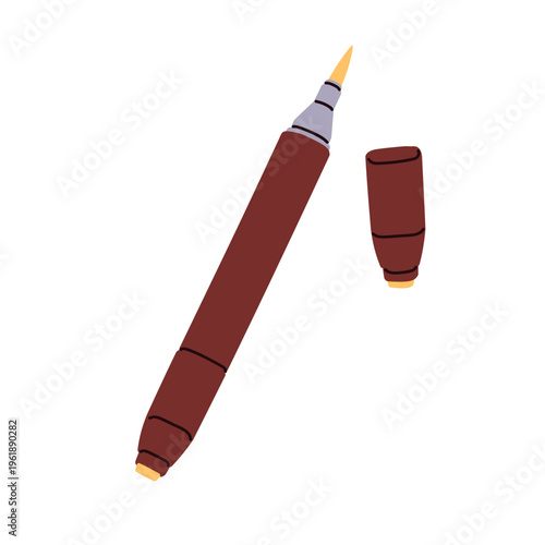 Fountain felt-tip pen, marker with open cap. Calligraphy tool, liner, art supply. Artistic stationery with thin nib for drawing, lettering. Flat vector illustration isolated on white background