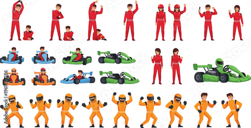 Racing drivers and go kart collection with different poses, motorsport characters and vehicles set for sport design, competition illustration and dynamic vector artwork